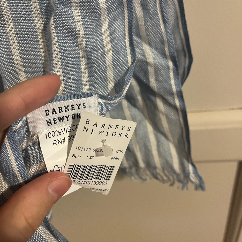 Barney’s New York 100% viscose blue and white scarf with tags never worn.